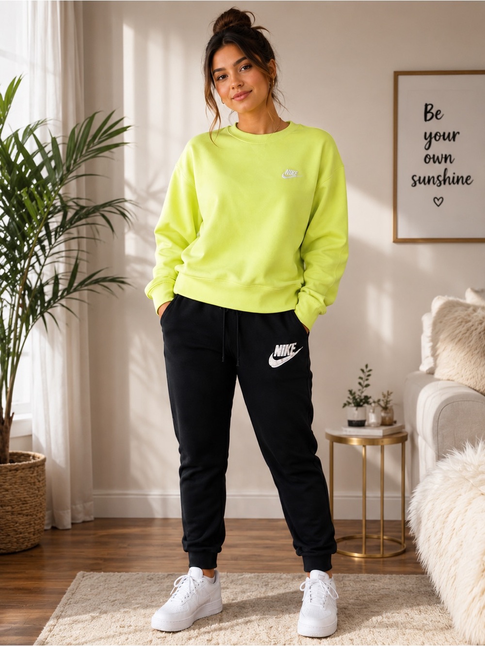 Nike Women’s Black Joggers with bright green crewneck like new